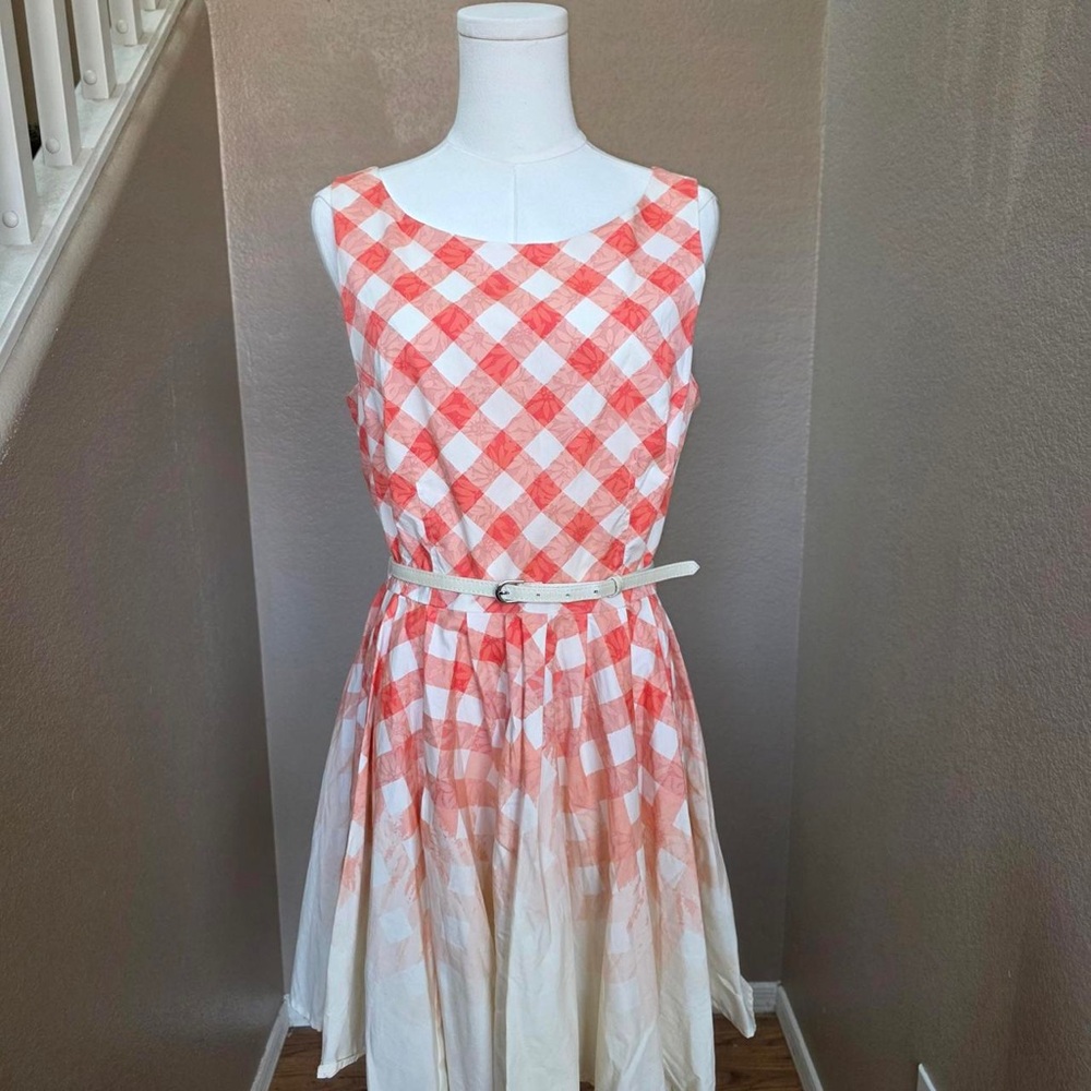 LC Lauren Conrad Coral and White Gingham Fit & Flare Dress with Slim Belt